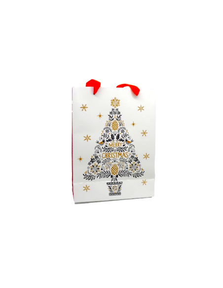 Sac cadeau papier cartonné glacé motif sapin de Noël doré, gris et blanc