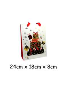 Pochette cadeau papier cartonné glacé motif cadeaux de Noël doré, noir, rouge et blanc