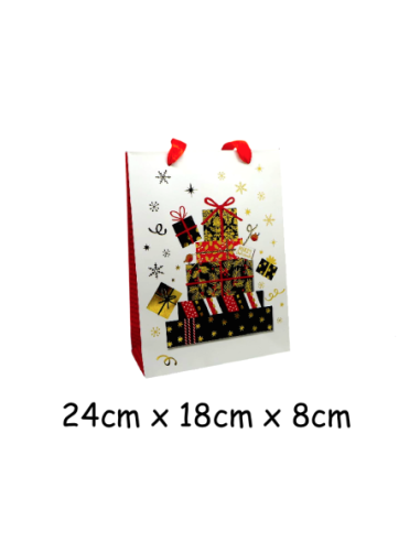 Pochette cadeau papier cartonné glacé motif cadeaux de Noël doré, noir, rouge et blanc