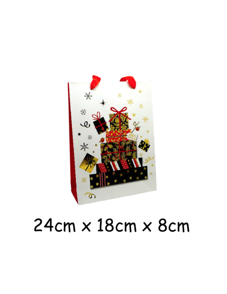 Pochette cadeau papier cartonné glacé motif cadeaux de Noël doré, noir, rouge et blanc