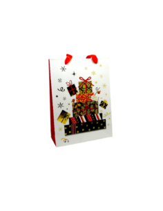 Pochette cadeau papier cartonné glacé motif cadeaux de Noël doré, noir, rouge et blanc 2