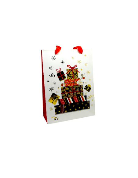 Sachet cadeau papier cartonné glacé motif cadeaux de Noël doré, noir, rouge et blanc