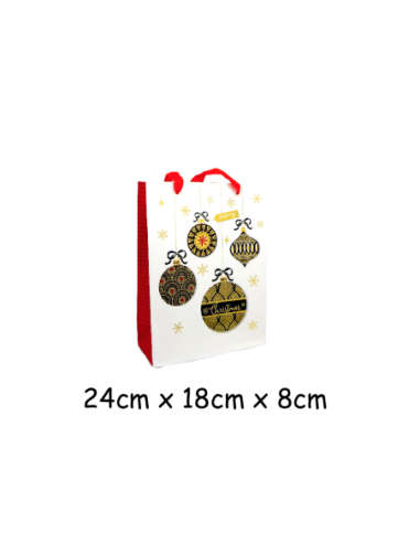 Pochette cadeau papier cartonné glacé motif boule de Noël doré, noir, rouge et blanc