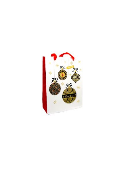 Sachet cadeau papier cartonné glacé motif boule de Noël doré, noir, rouge et blanc