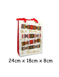 Pochette cadeau papier cartonné glacé motif crackers de Noël doré, noir, rouge et blanc