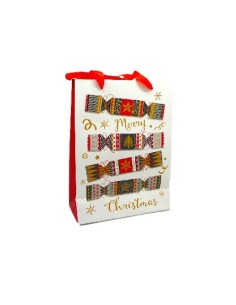 Pochette cadeau papier cartonné glacé motif crackers de Noël doré, noir, rouge et blanc 2