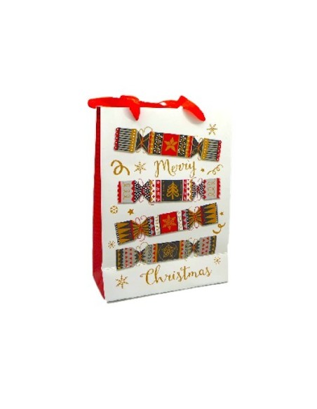 Sachet cadeau papier cartonné glacé motif crackers de Noël doré, noir, rouge et blanc