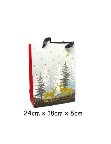 Pochette cadeau papier cartonné glacé motif sapin de Noël et rennes doré, noir, rouge et blanc