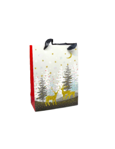 Pochette cadeau papier cartonné glacé motif sapin de Noël et rennes doré, noir, rouge et blanc 2
