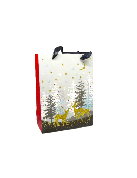 Sachet cadeau papier cartonné glacé motif sapin de Noël et rennes doré, noir, rouge et blanc
