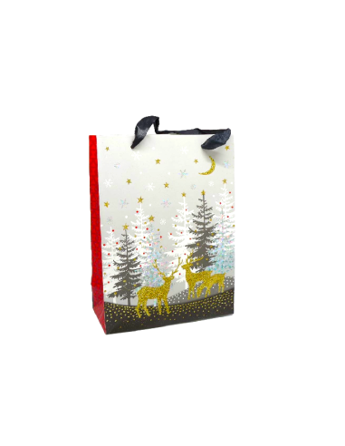Sac cadeau papier cartonné glacé motif sapin de Noël et rennes doré, noir, rouge et blanc