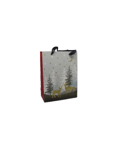 Paquet cadeau papier cartonné glacé motif sapin de Noël et rennes doré, noir, rouge et blanc