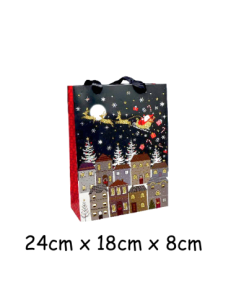 Pochette cadeau papier cartonné glacé motif ville de nuit et Père Noël dans son traineau doré, rouge sur fond noir