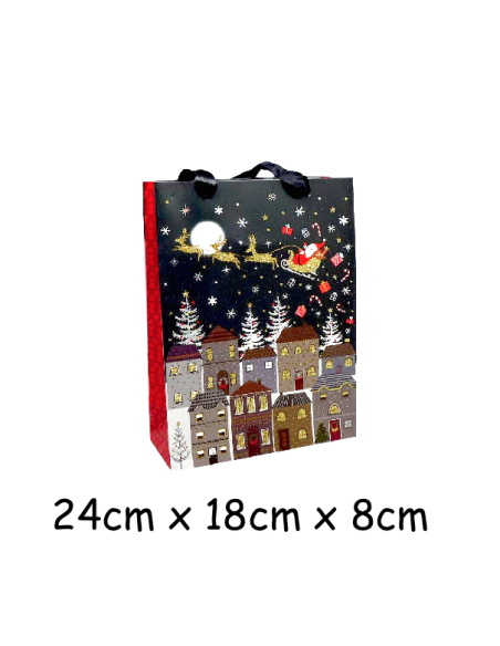 Pochette cadeau papier cartonné glacé motif ville de nuit et Père Noël dans son traineau doré, rouge sur fond noir