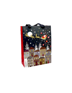 Pochette cadeau papier cartonné glacé motif ville de nuit et Père Noël dans son traineau doré, rouge sur fond noir 2