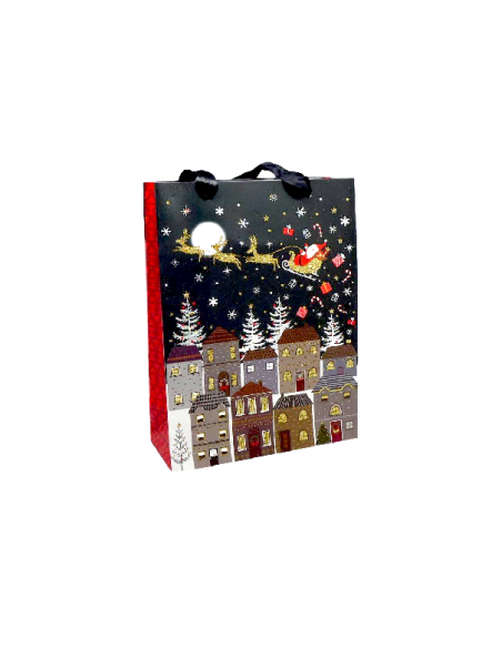 Sachet cadeau papier cartonné glacé motif ville de nuit et Père Noël dans son traineau doré, rouge sur fond noir