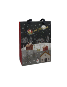 Pochette cadeau papier cartonné glacé motif village de nuit enneigé et Père Noël dans son traineau doré, rouge sur fond noir 2
