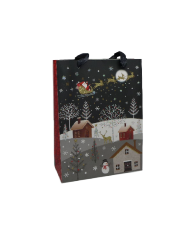 Sac cadeau papier cartonné glacé motif village de nuit enneigé et Père Noël dans son traineau doré, rouge sur fond noir
