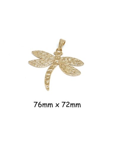 Grand pendentif libellule doré en métal ouvragé 76mm
