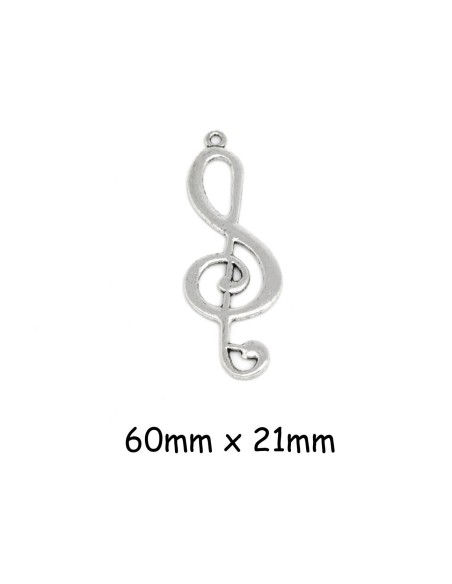 Grand pendentif note de musique, clé de sol en métal argenté 6cm