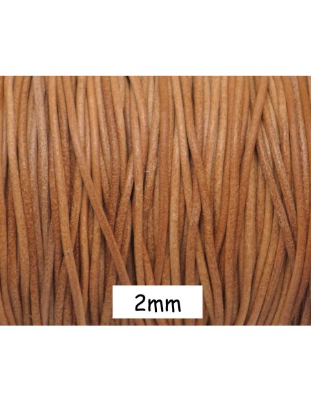 Cordon cuir rond marron naturel, camel rustique 2mm