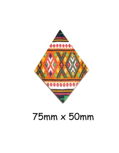 Pendentif losange en bois motif aztèque, ethnique multicolore dominante orange