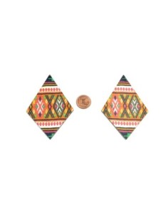 Pendentif losange en bois motif aztèque, ethnique multicolore dominante orange 2