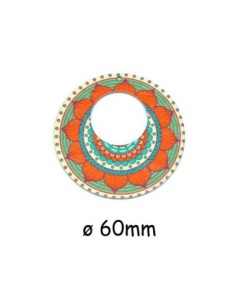 Pendentif rond en bois style mandala, fleur orange et vert
