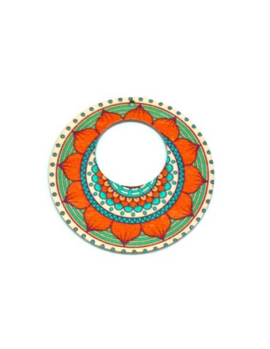 Pendentif créole en bois style mandala, fleur orange et vert