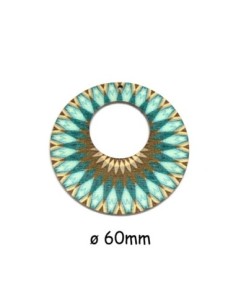 Créole en bois motif mandala, soleil vert, bleu turquoise