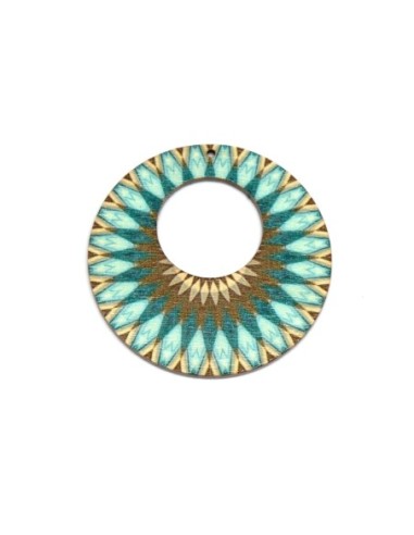 Pendentif rond en bois motif mandala, soleil vert, bleu turquoise
