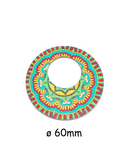 Pendentif rond en bois motif mandala rosace dominante vert anis, jaune et rose