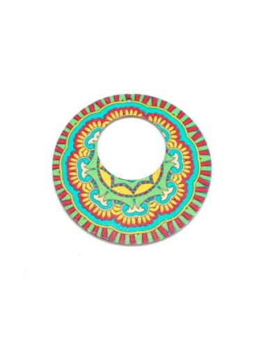 Créole en bois motif mandala rosace dominante vert anis, jaune et rose