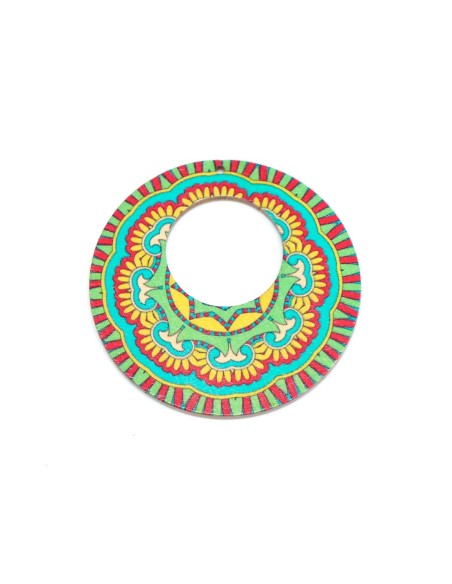 Créole en bois motif mandala rosace dominante vert anis, jaune et rose