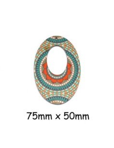 Pendentif ovale en bois style mandala ethnique multicolore, orange, vert