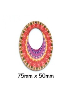 Pendentif ovale en bois style mandala ethnique multicolore rose, rouge, violet