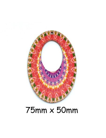 Pendentif ovale en bois style mandala ethnique multicolore rose, rouge, violet