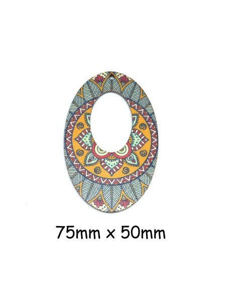 Pendentif créole ovale en bois style mandala ethnique multicolore vert, orange, rouge