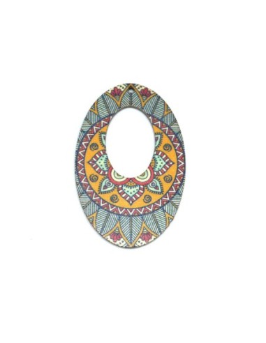 Créole ovale en bois style mandala ethnique multicolore vert, orange, rouge