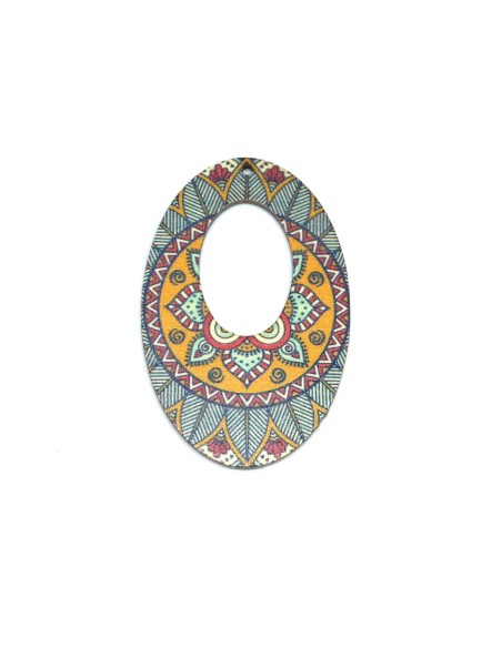 Créole ovale en bois style mandala ethnique multicolore vert, orange, rouge