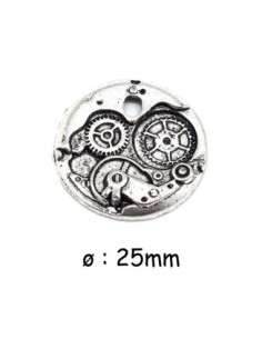 Breloque engrenage, rouage, steampunk en métal argenté vieilli