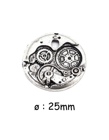 Breloque engrenage, rouage, steampunk en métal argenté vieilli