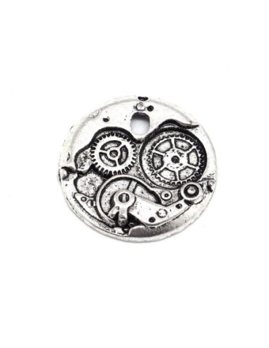 Pendentif steampunk mécanisme horloge argenté