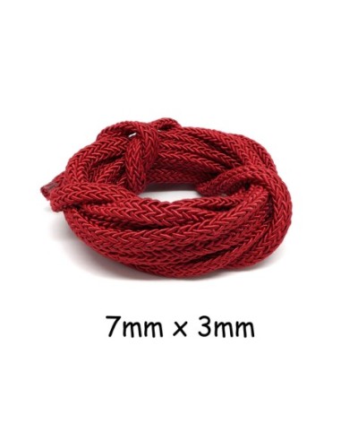 Cordon tressé plat en polyester rouge bordeaux, grenat 7mm x 3mm pour anse de sac, couture, collier