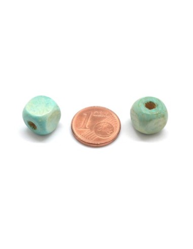 Perle bois vert pâle cube 9,5mm