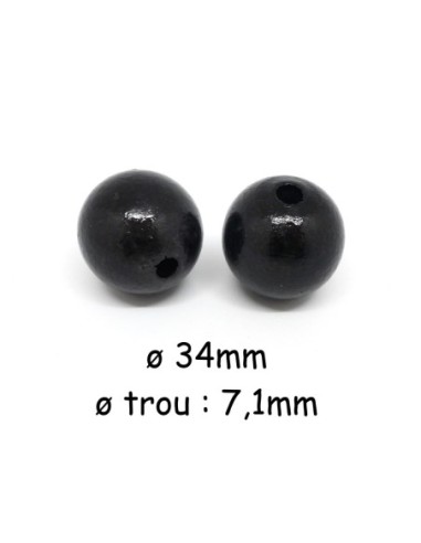 Grosse perle en bois ronde noire 34mm à gros trou