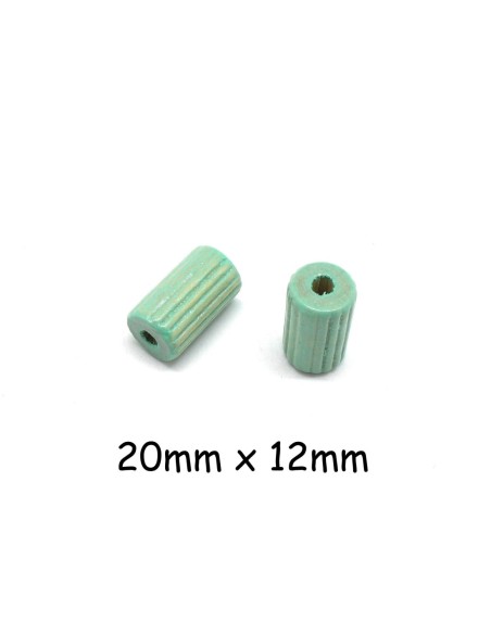 Perle tube en bois strié vert pâle 20mm x 12mm