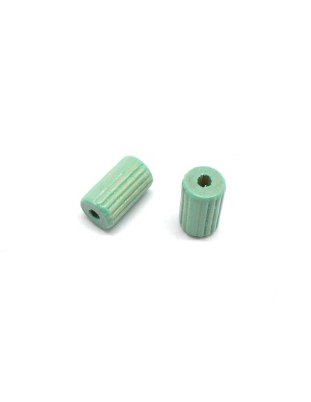 Perle tube vert pâle en bois strié 20mm x 12mm