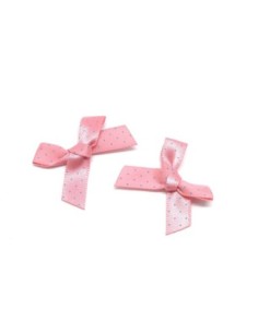 Petit noeud en ruban de 10mm satiné rose à pois bleu