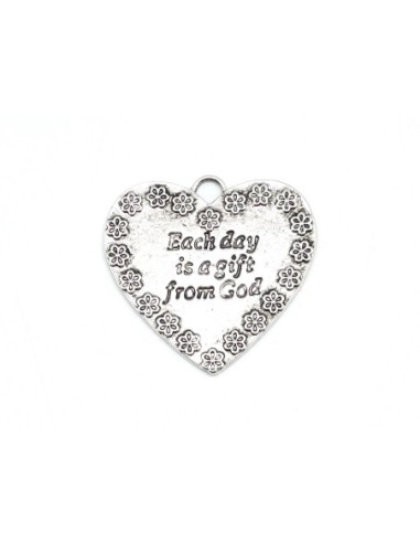 Pendentif coeur argenté avec motif fleur en métal
